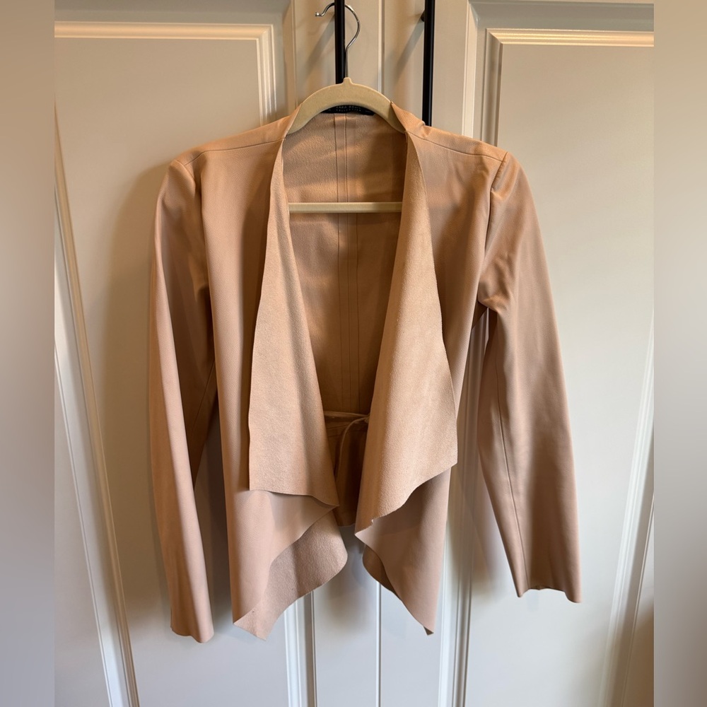 Women's Draped Open Front faux leather  Jacket - Blush